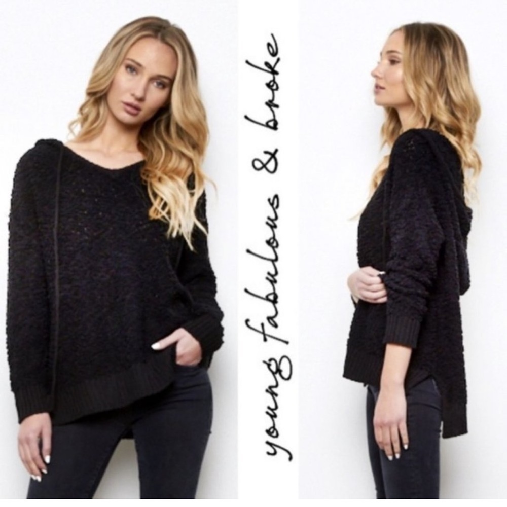 YB&B young fabulous & broke black knitted oversized hooded popcorn sweater M/L